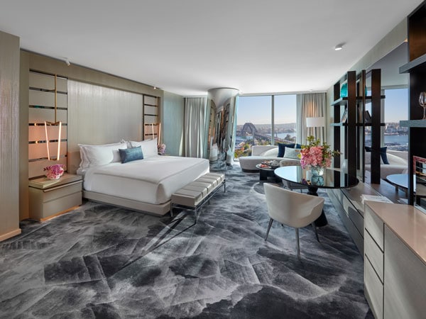 A look inside a Harbour Bridge King Room at Crown Towers Sydney.