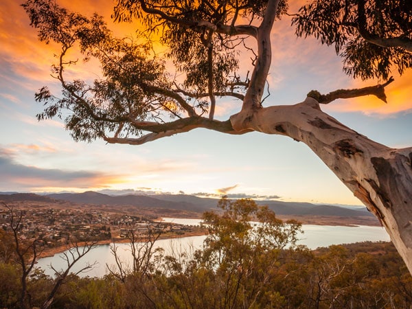 sunset views over Lake Jindabyne in the Snowy Mountains.