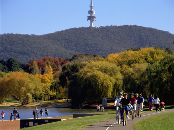 Bike riding around Lake Burley Griffin in Canberra, ACT