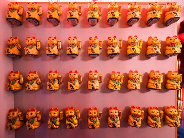 Chinese golden cats hanging on the wall at Lazy Su, Canberra