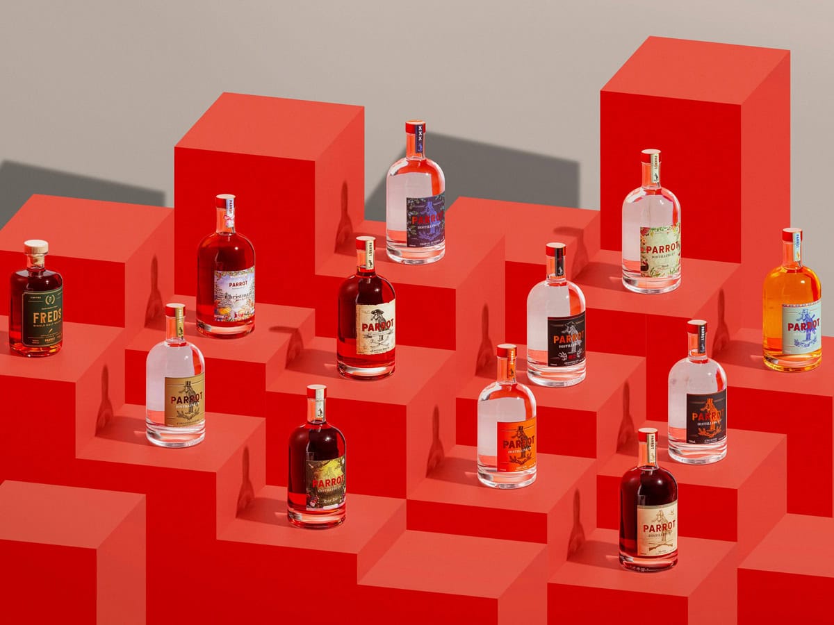 gins and spirits on red blocks at Parrot Distilling Co.