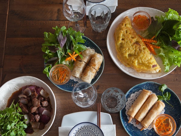 a table-top view of Vietnamese dishes at Hanoi on Manning