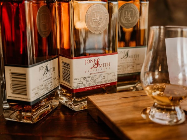 a close-up shot of the gin bottles at Jones & Smith Distillery