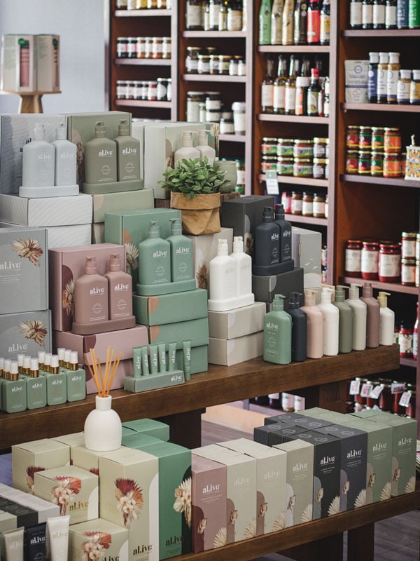 a stack of artisan products at Martha's Food and Home