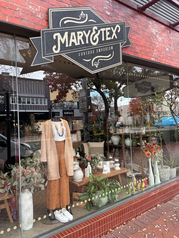 the items displayed at Mary and Tex Curious Emporium as seen from outside of the glass wall