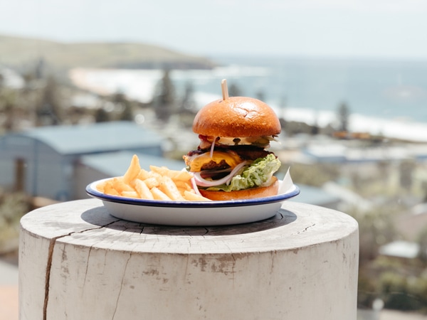 a serving of burger and fries at The Hillbar + Kitchen, Kiama