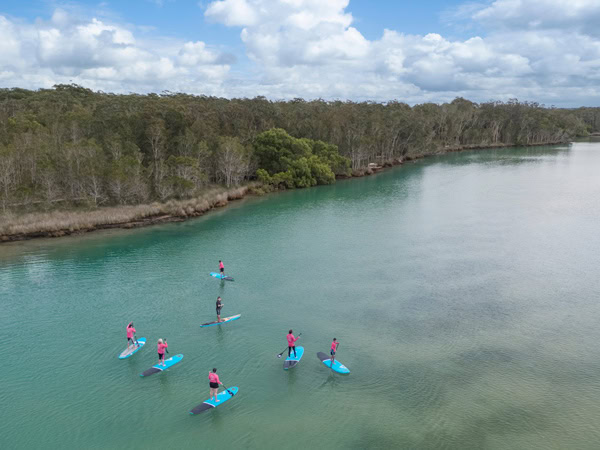 Wajaana Yaam Adventure Tours stand-up paddle boarders on Coffs Creek