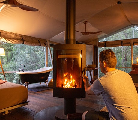 Rotating fireplace, Starry Night Luxury Camping, Queensland Australia