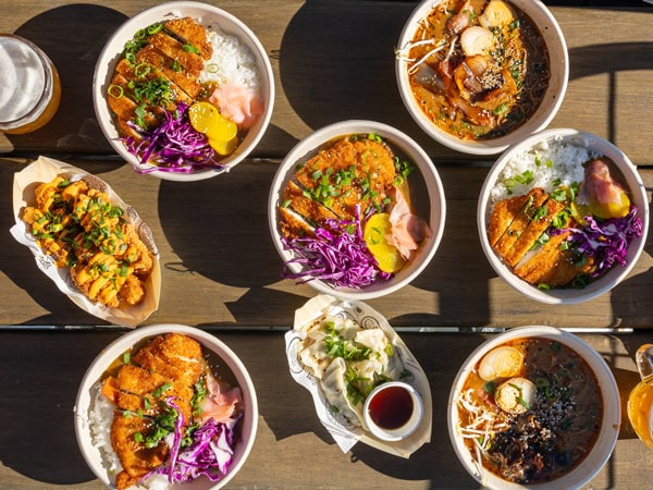 a table-top view of food bowls at Black Sallees, Thredbo