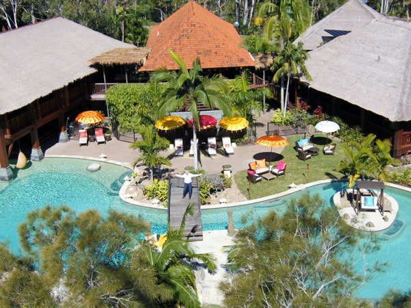 an aerial view of the villas and pool at Makepeace Island, Noosa River