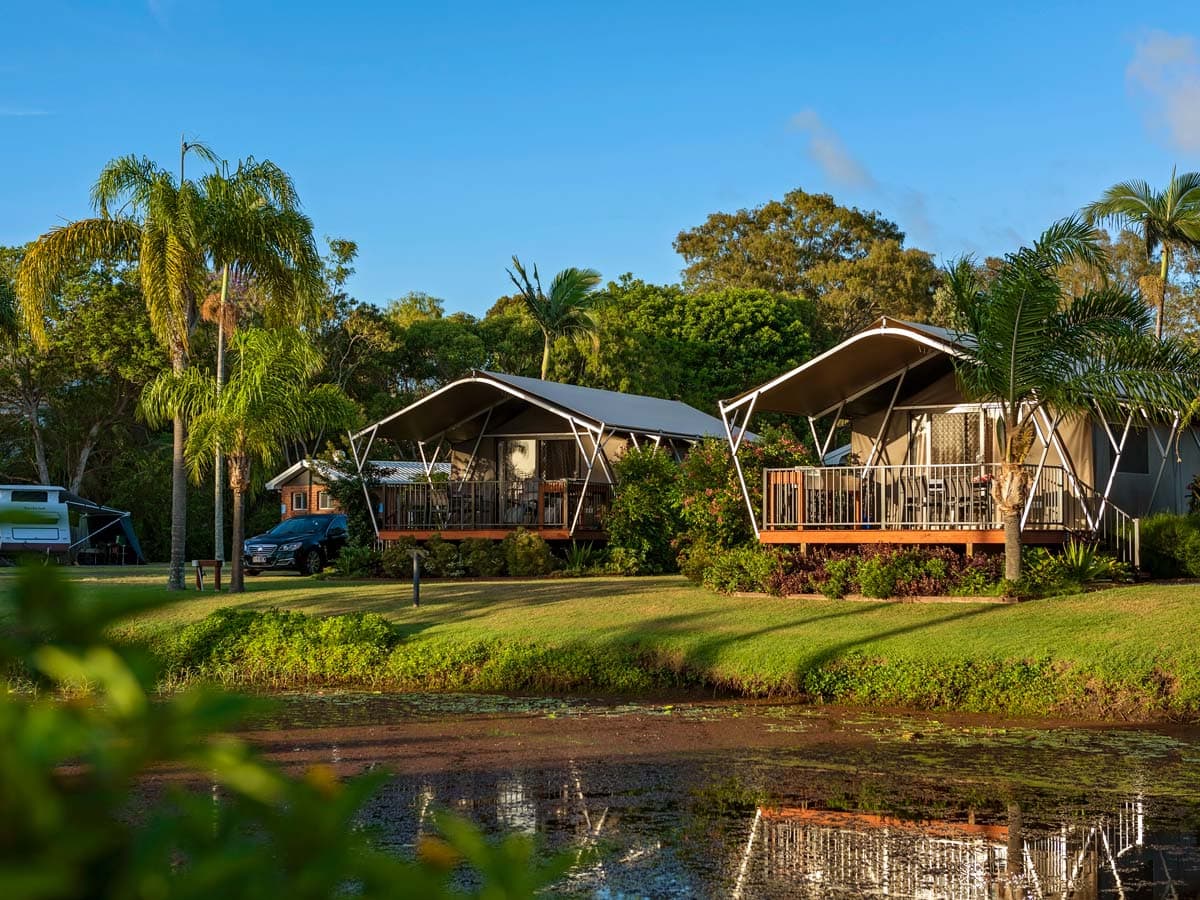 Exterior view of the Deluxe Safari Tent at Discovery Parks Hervey Bay Fraser Street