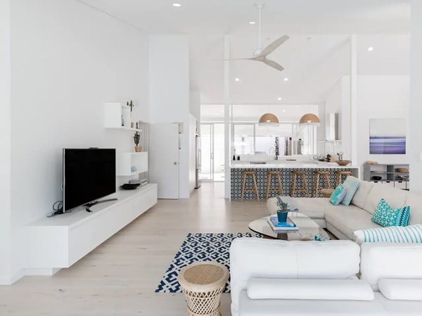 a look inside the living room interior at Poinciana House, Sunshine Beach