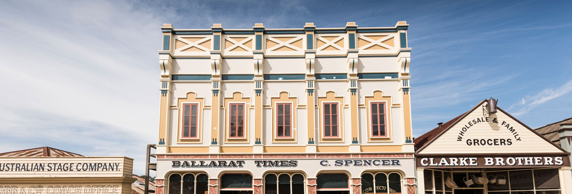 A streetscape view of Sovereign Hill in Victoria's Goldfields region