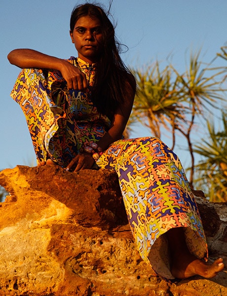 Shadeene Evans wears the vibrant desert collection, Couture country to Couture, DAAF, Darwin City, Australia