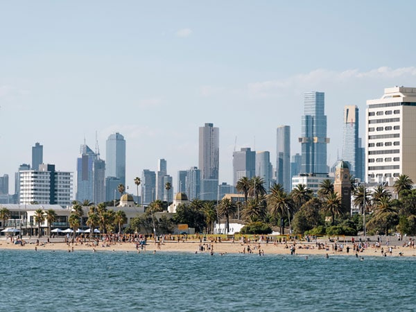 Skyline view of St Kilda beach from the water