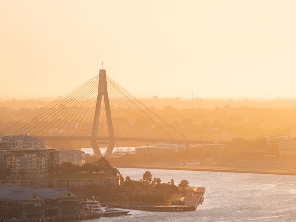 Sun setting over the Anzac Bridge in Sydney