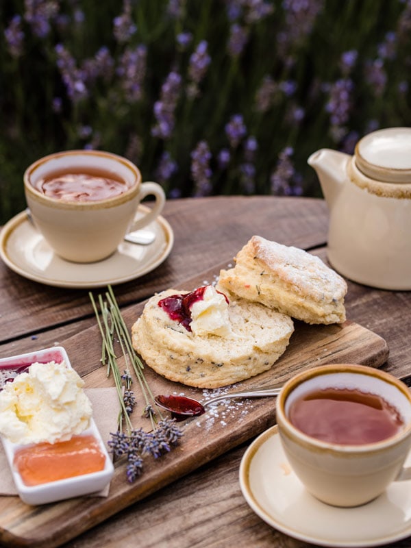 Tea and scones with sprigs of lavender at Emu Bay Lavender Farm. 