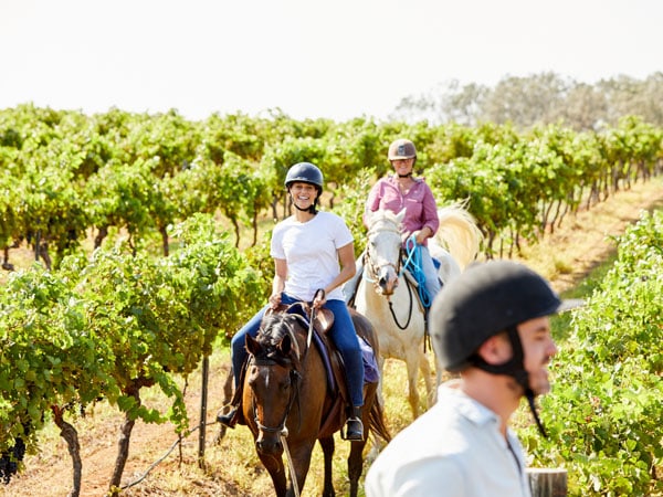 Couple enjoying a guided horseback tour at Hanging Tree Wines, Pokolbin with Murchessons Horse Wine & Dine Tours