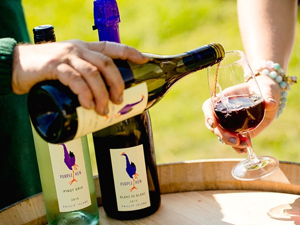 Red wine being poured onto glass, Purple Hen Winery, Phillip Island, Gippsland, VIC, Australia