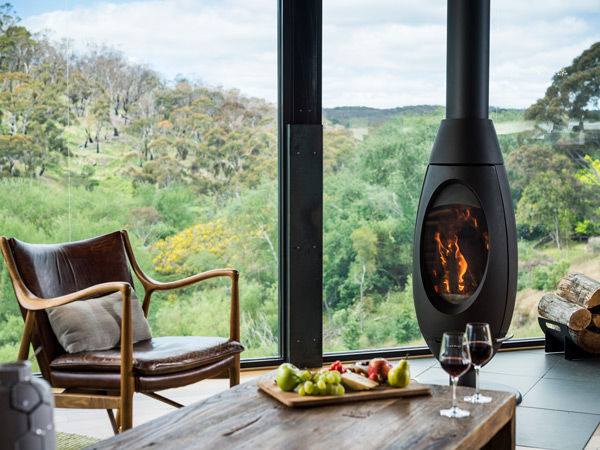 wine and tasting platter by the fire at Clifftop at Hepburn