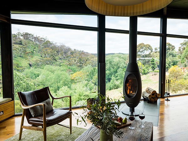 Interior with fire place, Clifftop at Hepburn, Daylesford, VIC, Australia