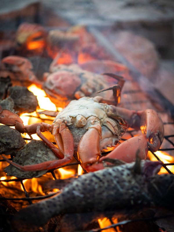 Crabs being cooked on an open fire on a cultural tour with Bolo, Dampier Peninsula. (Image: Tourism Western Australia)