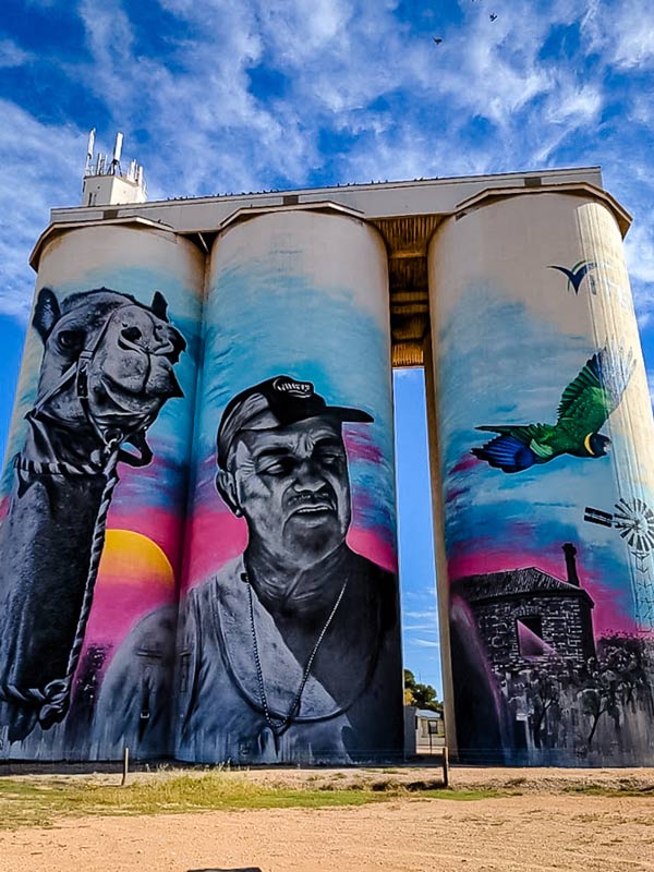 Eyre Peninsula Cowell Silo Mural of Shannon Noll and a camel. (Image: Jennifer Johnston)