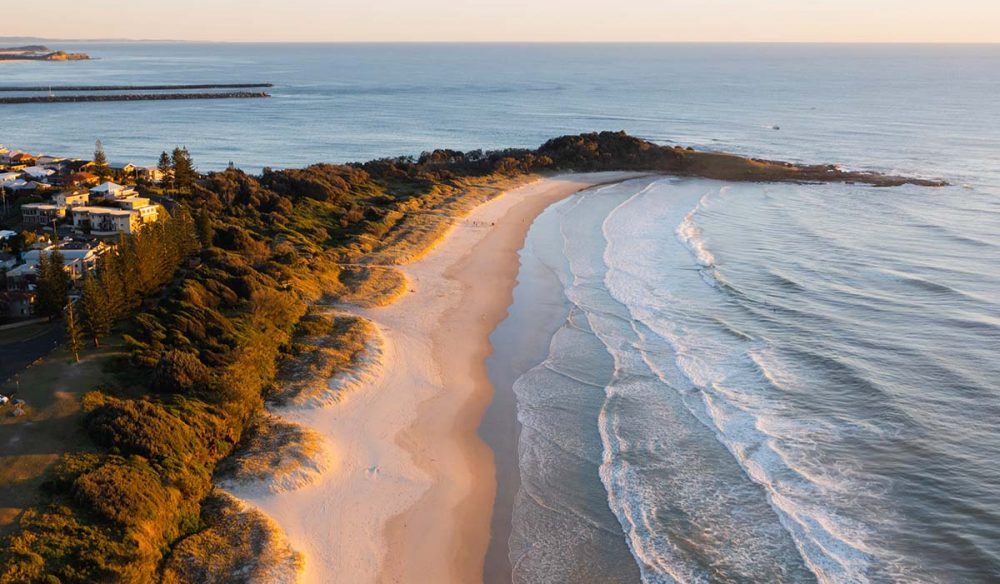 Aerial view of main beach, Yamba, NSW, Australia