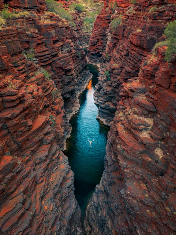 An aerial shot of Joffre Gorge, Karijini National Park. (Image: Tourism Western Australia)