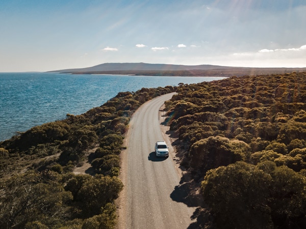 A car drives down a road in the Lincoln National Park. (Image: City of Port Lincoln)