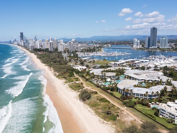 An aerial view of the beach at Southport Spit, Gold Coast. (Image: Tourism and Events Queensland)