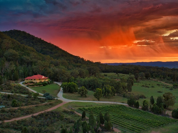 Aerial view of Mudgee Homestead at sunset, Mudgee luxury accommodation, NSW, Australia