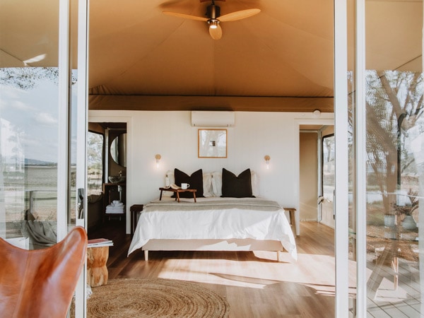 Interior of Evamor luxury eco tents, Mudgee, NSW, Australia