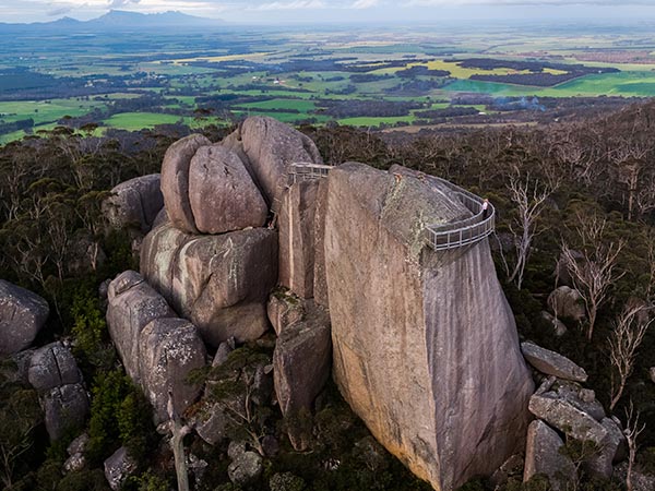Aerial view of the Granite Skywalk at Castle Rock, Porongurup National Park, from the South West Edge, WA, Australia