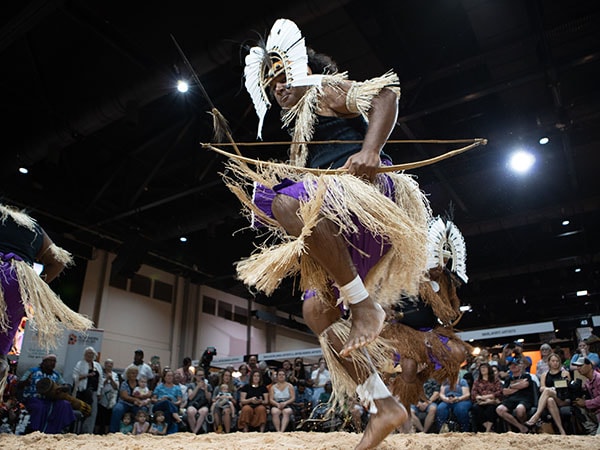 Arpaka Dancers from Thursday Island Queensland, performing at the 2019 Darwin Aboriginal Art Fair, photo by Dylan Buckee