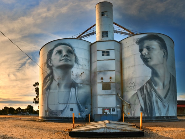 Rupanyup silo art by Julia Volchkova of Ebony Baker and Jordan Weidemann. (Image: Visit Victoria/Anne Morely)