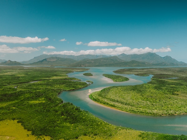 an aerial view of the scenery at Hinchinbrook Lookout