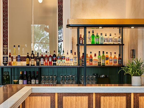 Bar with shelves of liquor, Portarlington Hotel, Geelong, VIC Australia