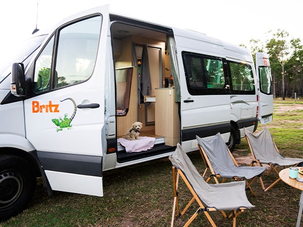 Splitter Creek Set Up of Britz Campervan/Motorhome, from DriveNow Rentals in Australia