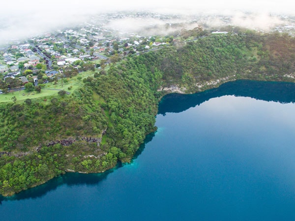 Aerial view of Blue Lake, Limestone Coast, Mt Gambier, SA, Australia