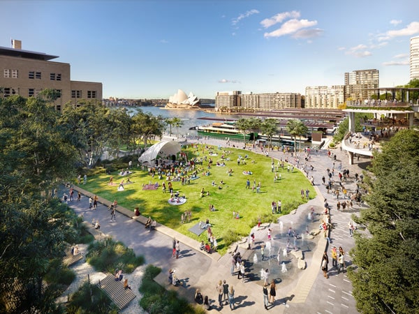 Pemandangan udara dari usulan desain ulang First Fleet Park.  (Gambar: Pemerintah NSW)