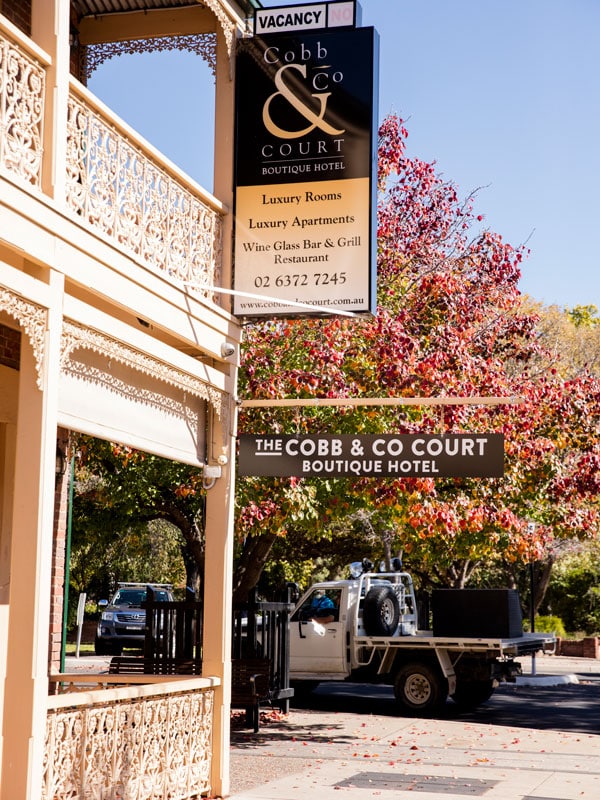 the street view of The Cobb & Co Court Boutique Hotel, Mudgee.