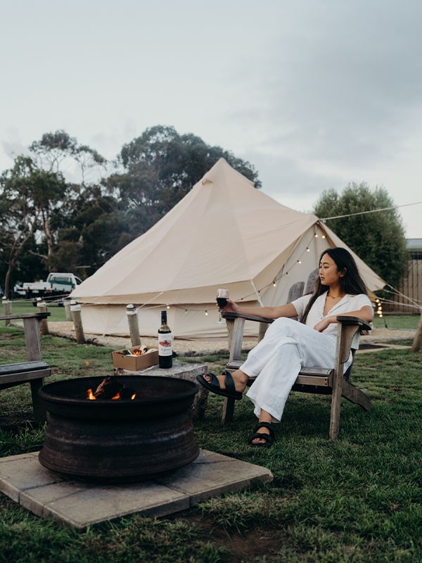 Glamping by the fire while sipping wine, Pine Country Caravan Park, Mt Gambier, SA, Australia