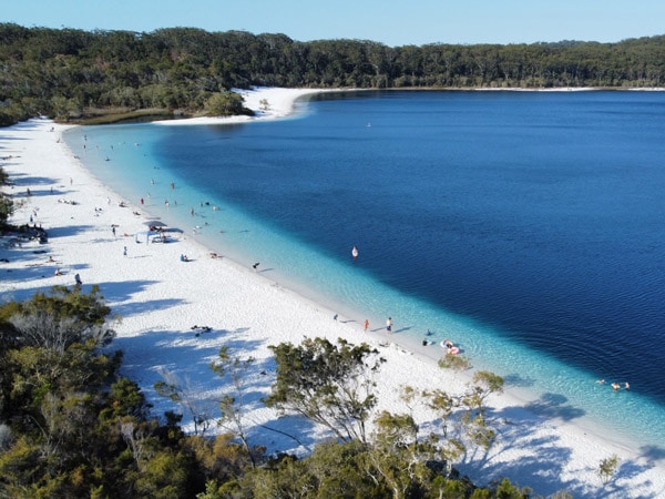An aerial shot of Lake McKenzie. (Image: Tourism and Events Queensland)