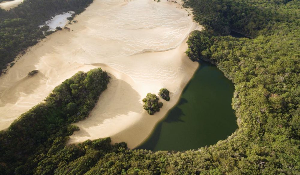 An aerial shot of Lake Wabby. (Image: Tourism and Events Queensland)