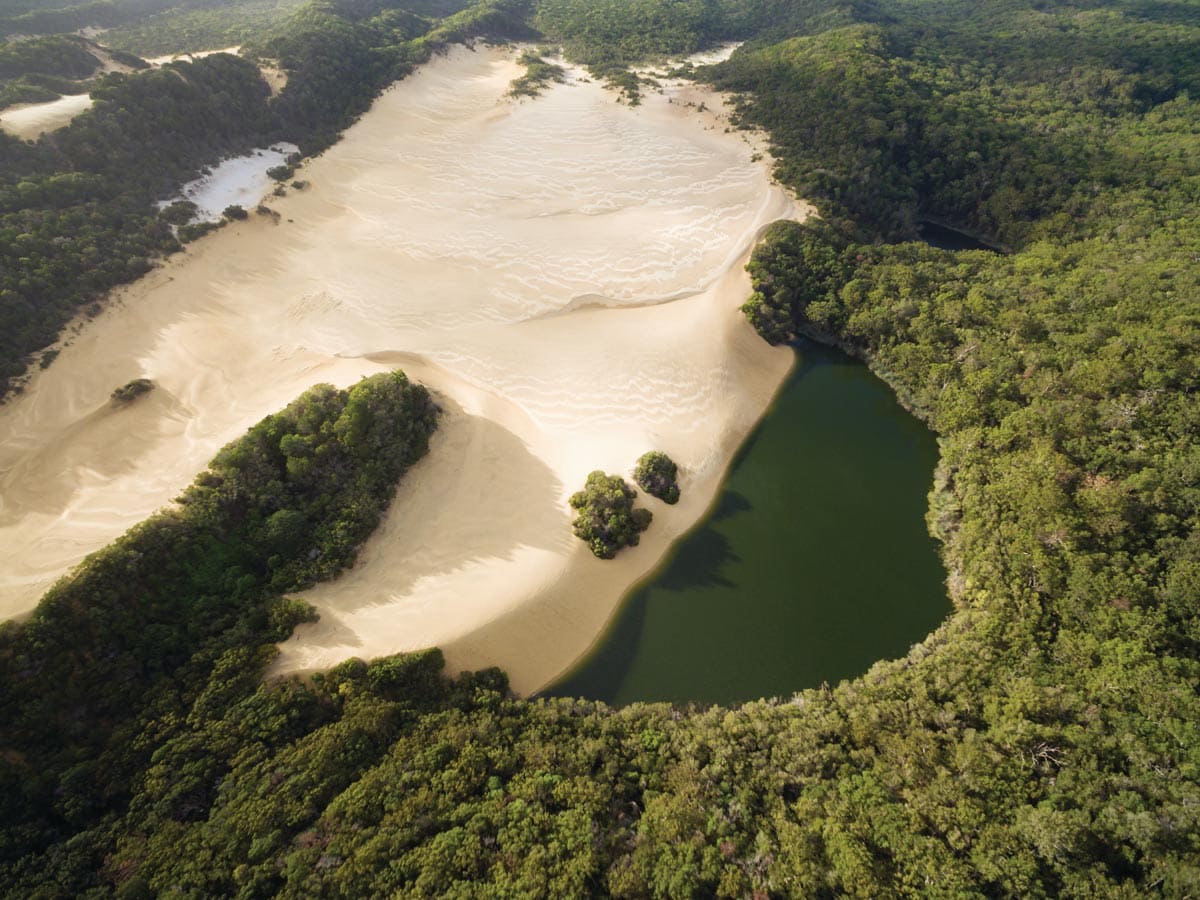 An aerial shot of Lake Wabby. (Image: Tourism and Events Queensland)