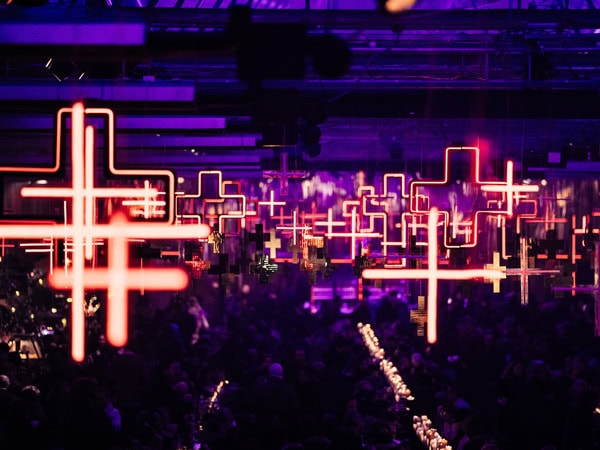 neon-lit crosses at Dark Mofo in Hobart