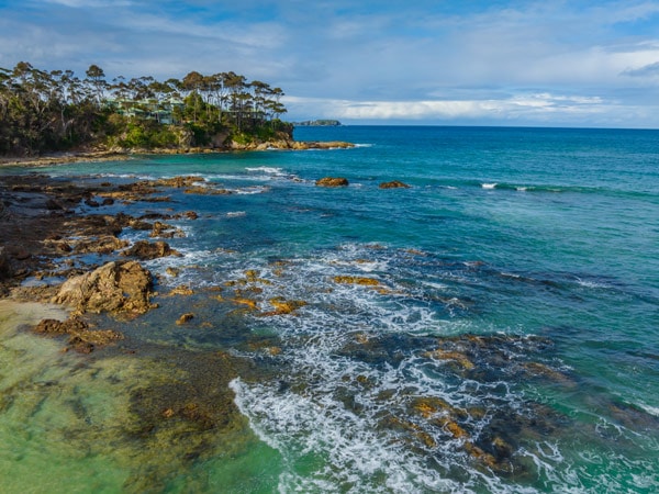 an overhead shot of the seascape at Denhams Beach