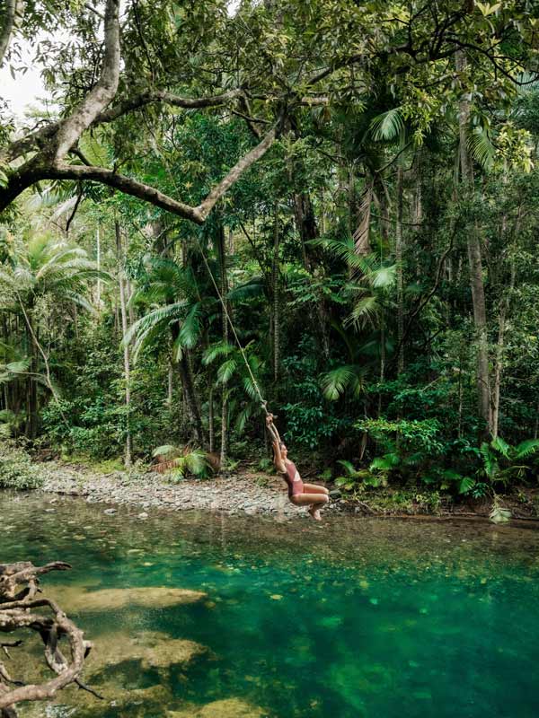 Rope swing at Emmagen Creek in Cape Tribulation. (Image: Tourism Tropical North Queensland)