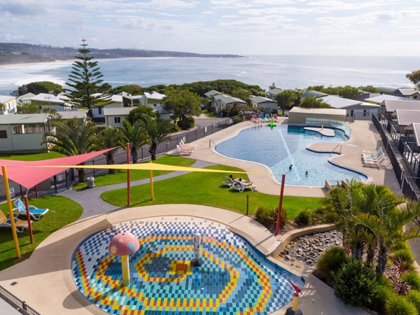 an aerial view of the facility pool at NRMA Merimbula Beach Holiday Resort